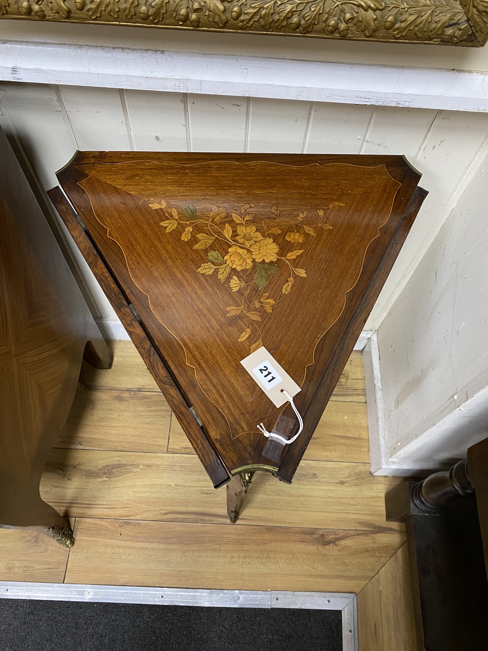 A French kingwood marquetry inlaid triangular drop flap occasional table, width 48cm, height 74cm